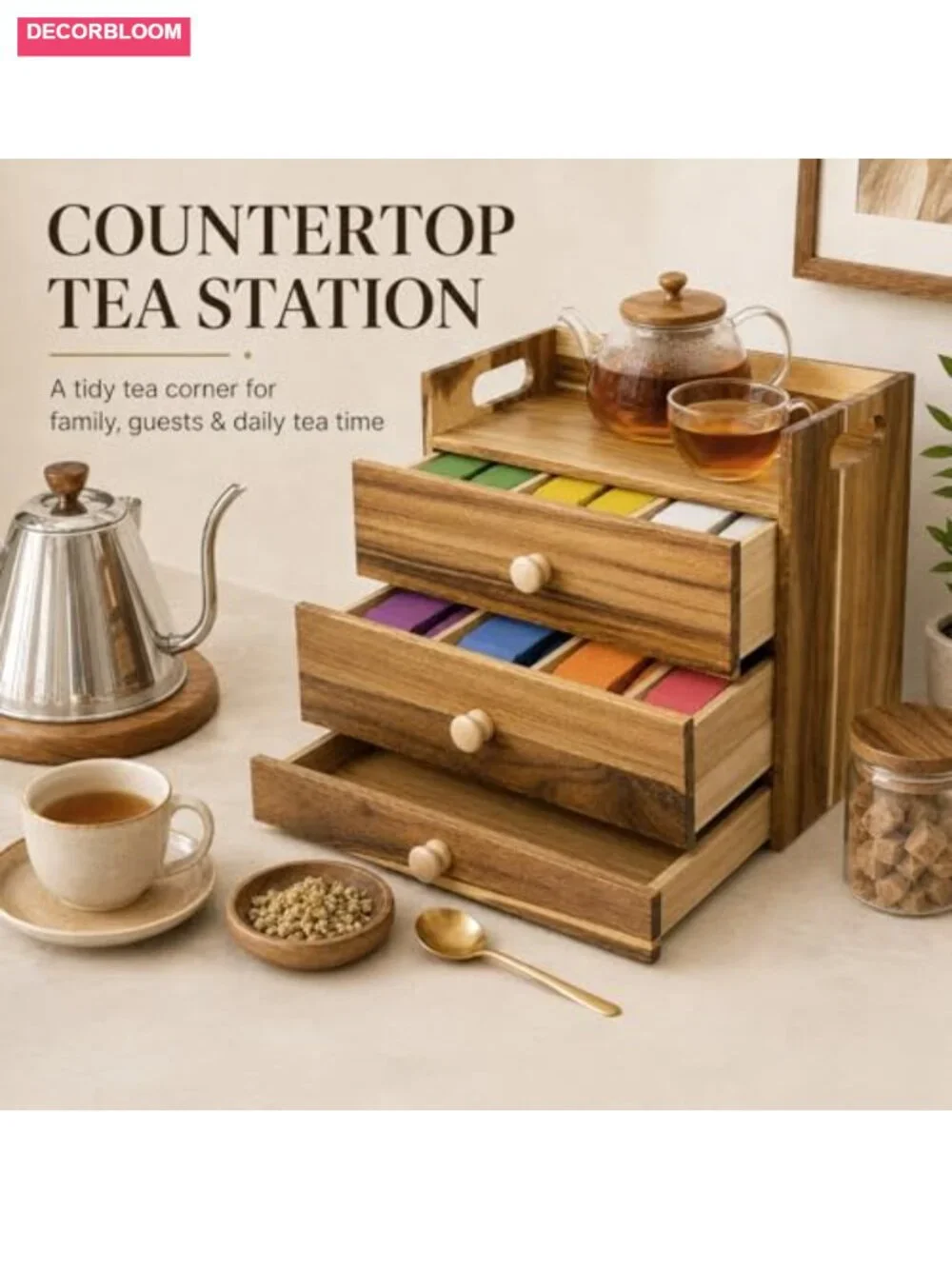 3-Tier Acacia Wood Tea Bag Organizer with 14 Compartments and Drawer